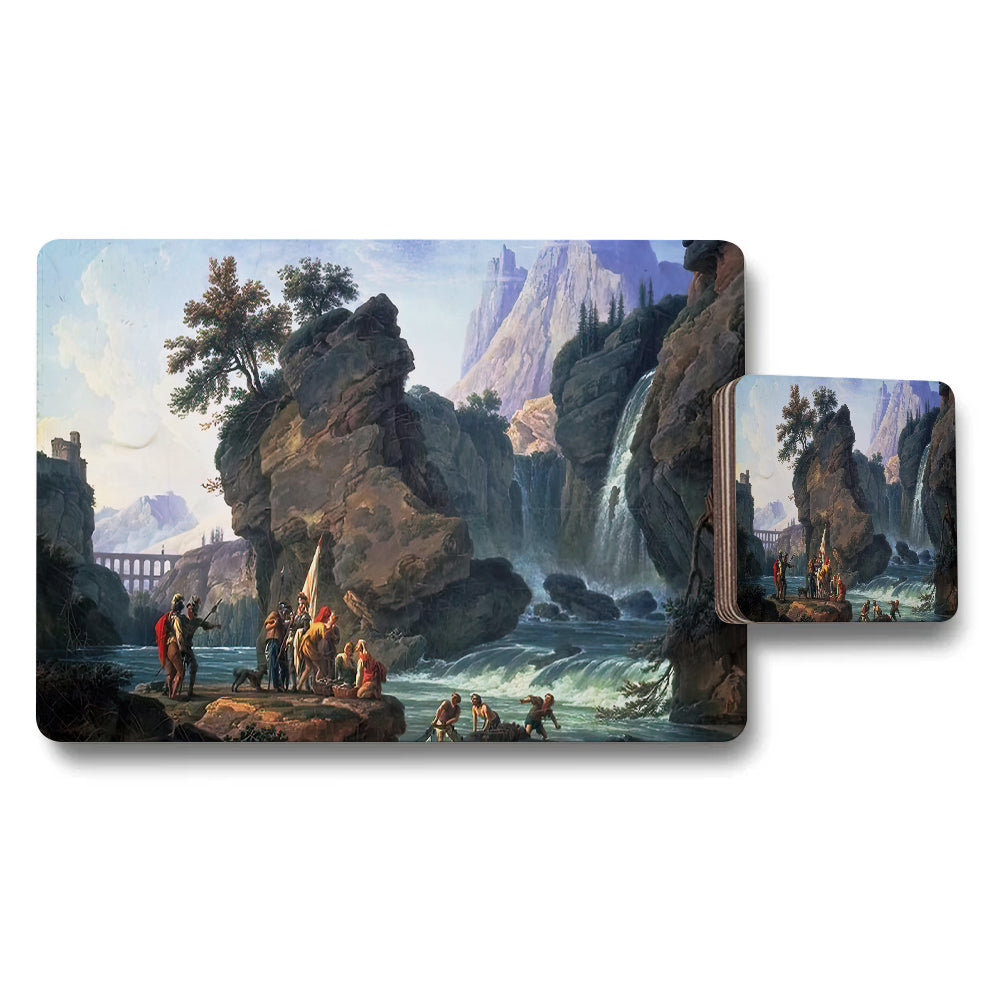 Scenic Landscape Placemats And Coaster Set With Waterfall Scene