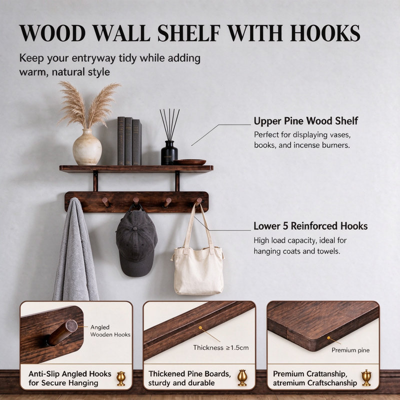 Wall Mount Coat Rack with Shelf, 2 Pack 15.7in Each, 10 Wooden Hooks, Adhesive or Drilling Install, for Clothes Towels Keys Bags