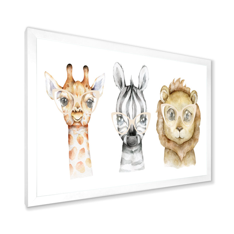 Dessin de girafe et de lion - reproduction sur toile, H 8 po x l 12 po x P 1 po, Impression blanche sur toile encadrée