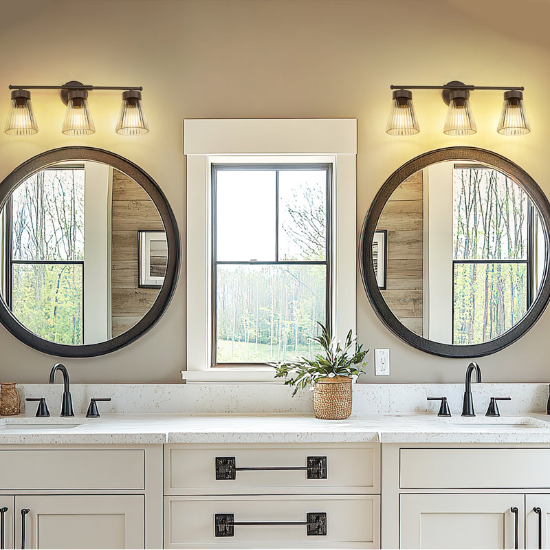 Dimmable Vintage Vanity Light, Clear Striped Glass, 9.80" H x 24.10" W x 6.90" D, Oil-Rubbed Bronze, 3