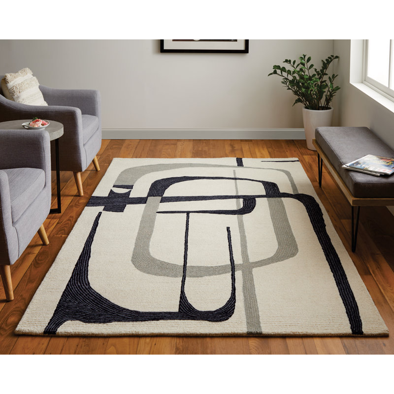Handmade Black and Ivory Wool Abstract Rug, 8' x 10'