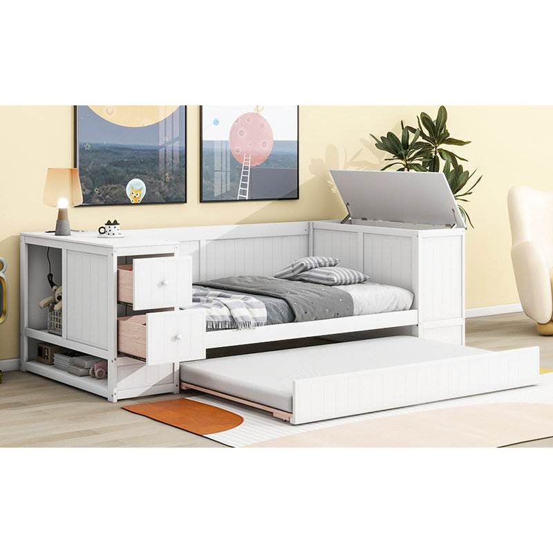 Twin Size Daybed With Armrest Storage, Trundle & Charging - White Wooden In Storage Space, Ports Solid Wood Frame, White