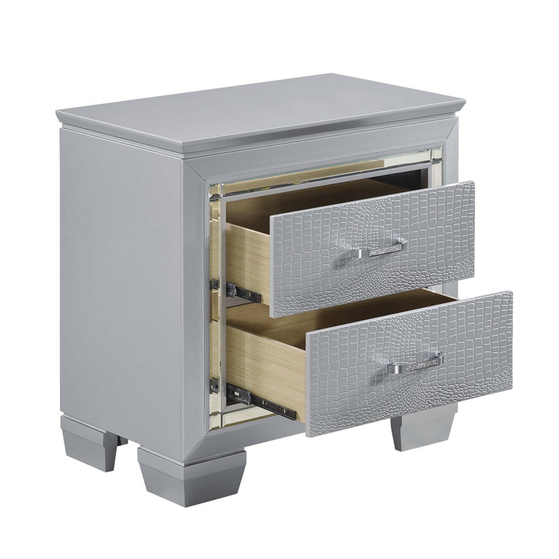 Glamourous 1Pc Table de chevet 2X Tiroirs à queue d'aronde Faux Alligator, Argent argent