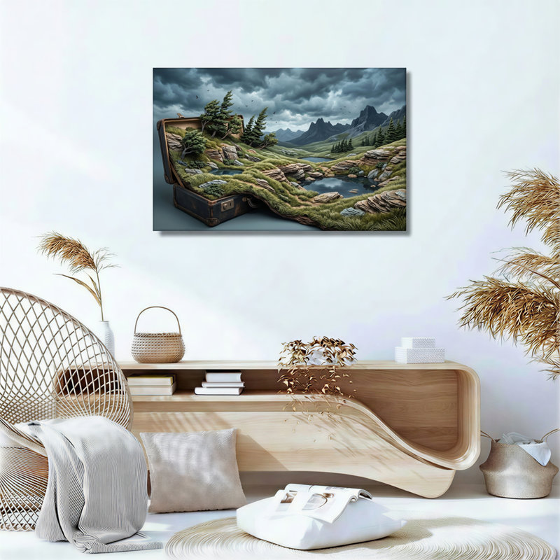 Ensemble de 1 tableau sur toile représentant une valise au paysage, 28"H x 40"W, Toile tendue