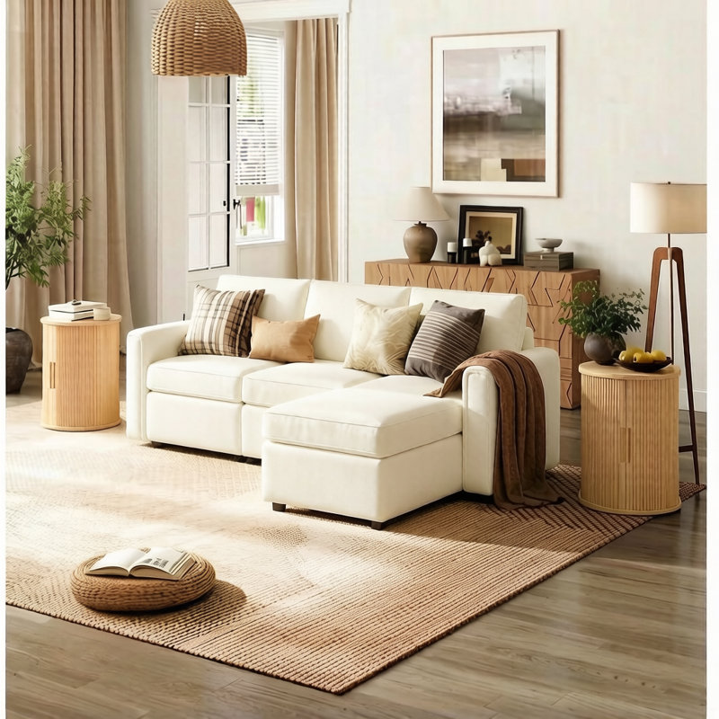 Table de bout ronde cannelée avec rangement Leathia (1 pièce), Chêne