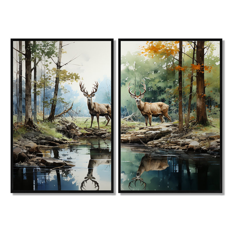 Deer Majestic Reflections - ensemble d'art mural moderne brun de 2, Noir, H 36 po x l 48 po