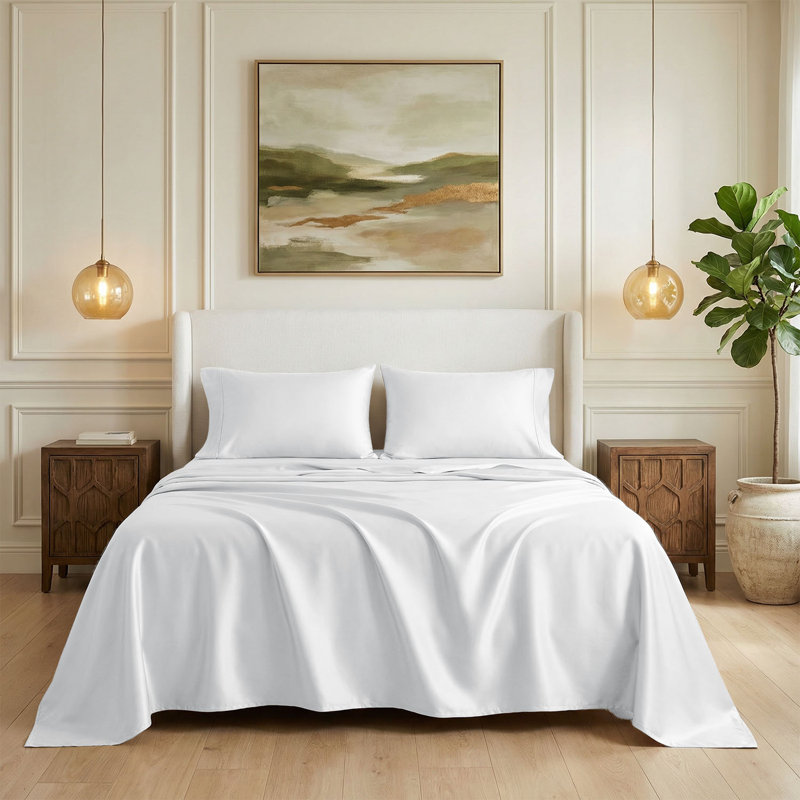 600 Thread Count 100% Cotton Sheet set in Sateen Weave, White, Queen Sheet Set with 2 Pillowcases, Solid