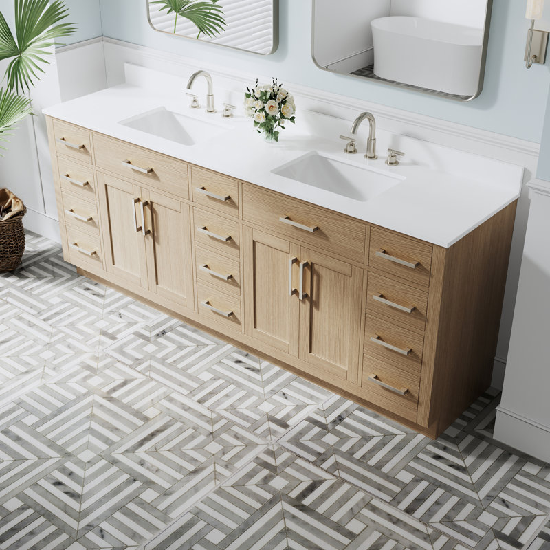 84" W x 35" H Freestanding Bathroom Solid Wood Vanity With White Cultured Marble Countertop And Ceramic Double Sink,Oak, Oak