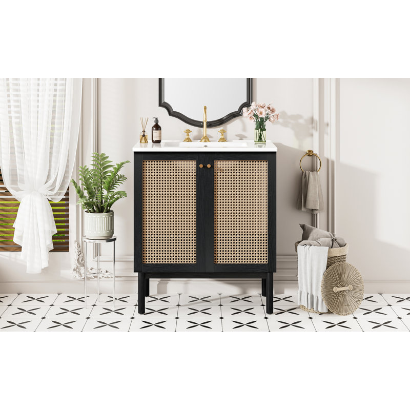 Meuble-lavabo de 30 pouces fabriqué à partir de matériaux naturels, avec des portes en rotin faites à la main et des mécanismes de fermeture en douceur