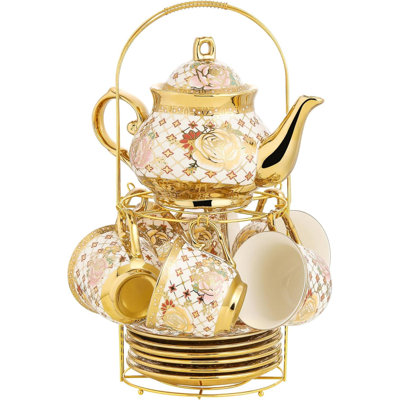 20 Pieces Tea Set With Metal Holder European Ceramic Tea Set For Adultsflower Tea Settea Set With Flower Painting