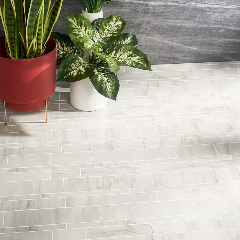 Dreamstone Railroad Porcelain Mosaic, Dolomite Snow Polished