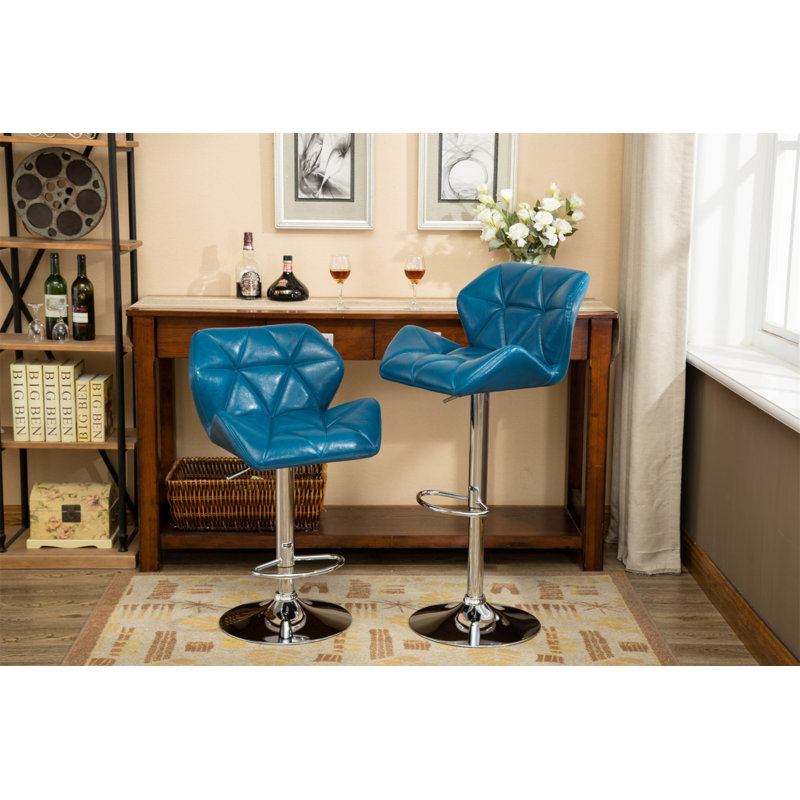 Glasgow Contemporary Tufted Adjustable Height Hidraulic Bar Stools, Set Of 2, Blue