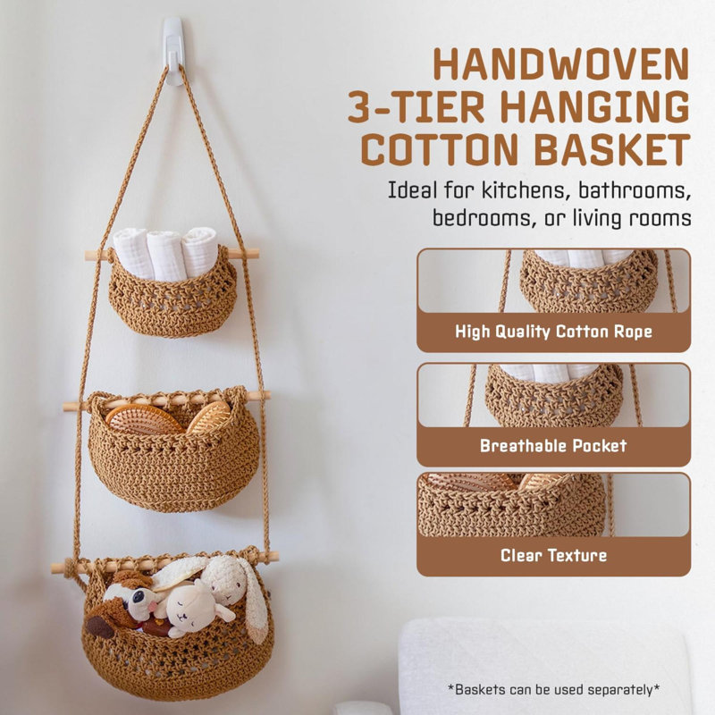 Panier à fruits en coton suspendu, panier mural tissé à 3 niveaux, paniers de rangement suspendus pour la cuisine et la salle de bain, suspension murale en macramé, organisateur Boho Decor au-dessus de la porte