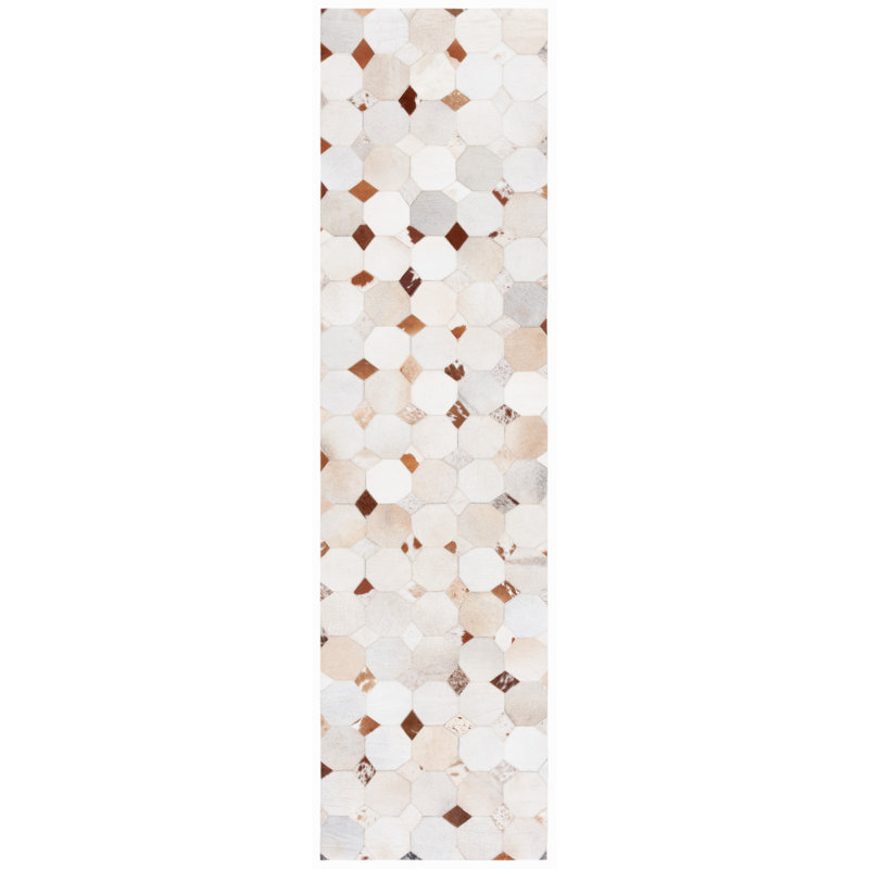 Bersa Flat Weave Hair On Leather Geometric Rug, Runner 2'3" x 9'