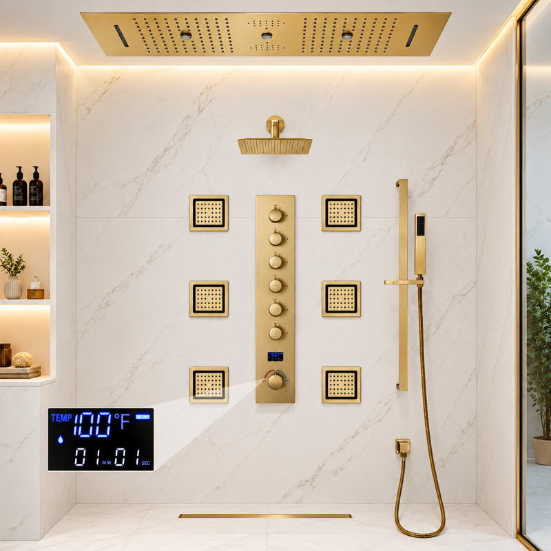 Complete Shower System with Rough-in Valve, Brushed Gold