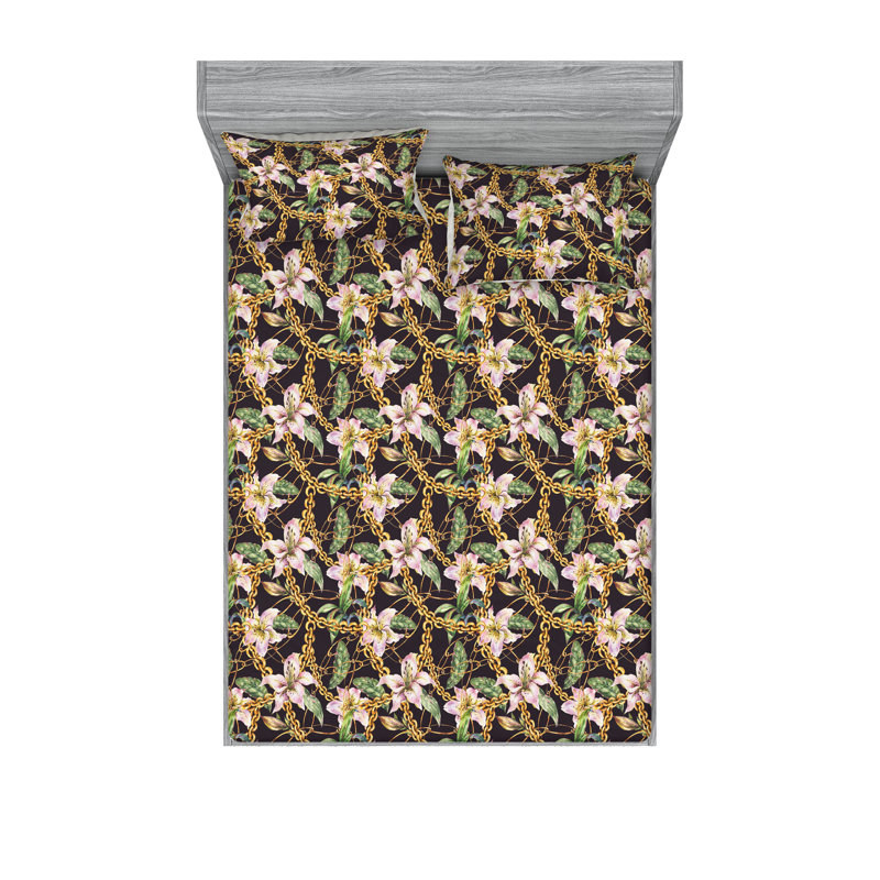 Ambesonne Fitted Sheet & Shams, Queen Sheet Set with 2 Pillowcases, Dark Purple/Green/Pink Flower