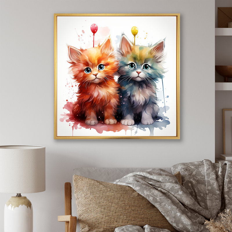 Joyful Kittens Playful Nursery - Art mural pour chambre de bébé, Cadre flottant doré, H 16 po x l 16 po x P 1 po