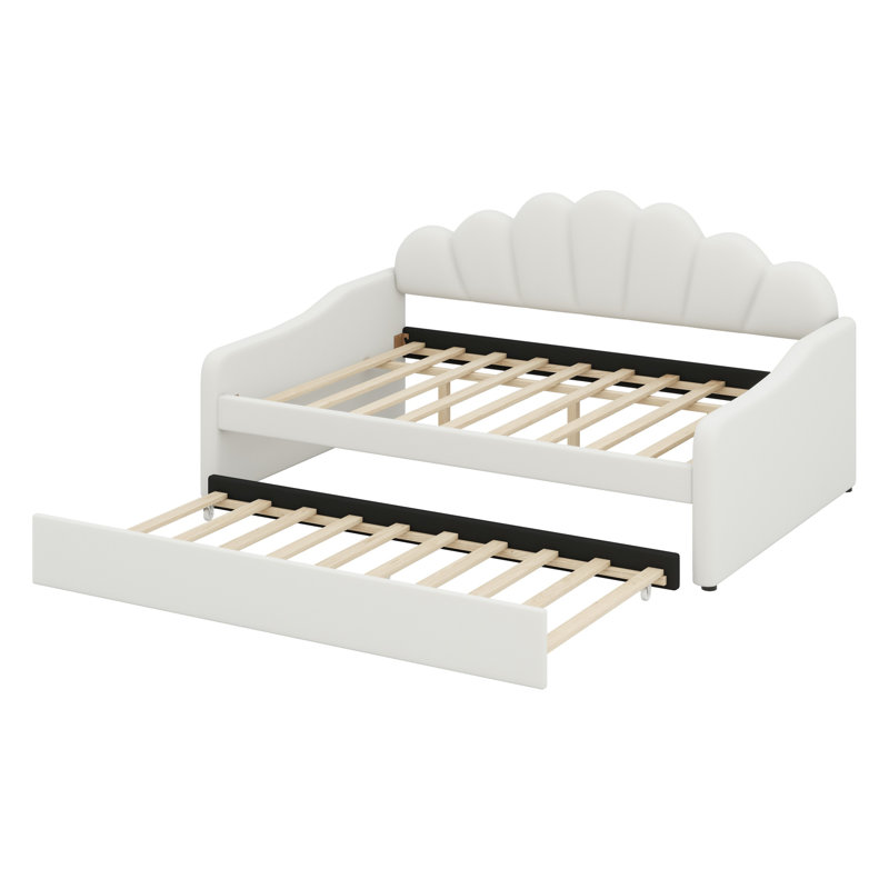 Full Size Upholstery Daybed Frame With Shall Shaped Backrest  And Trundle, Beige