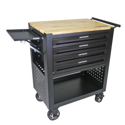 Chariot à outils multifonctionnel à 4 tiroirs avec roulettes et plateau en bois noir