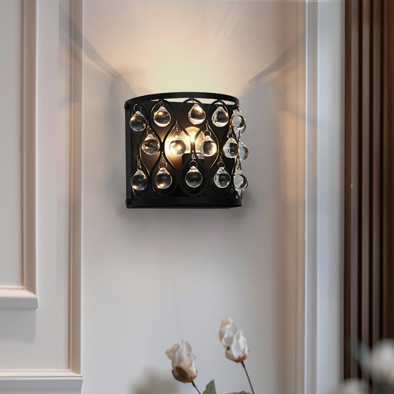 Contemporary Matte Black Wall Sconce With Glass Droplets And Ellipse Cutouts For Pathways And Entryways Stylish Decorative Wall Lighting For Bed Side