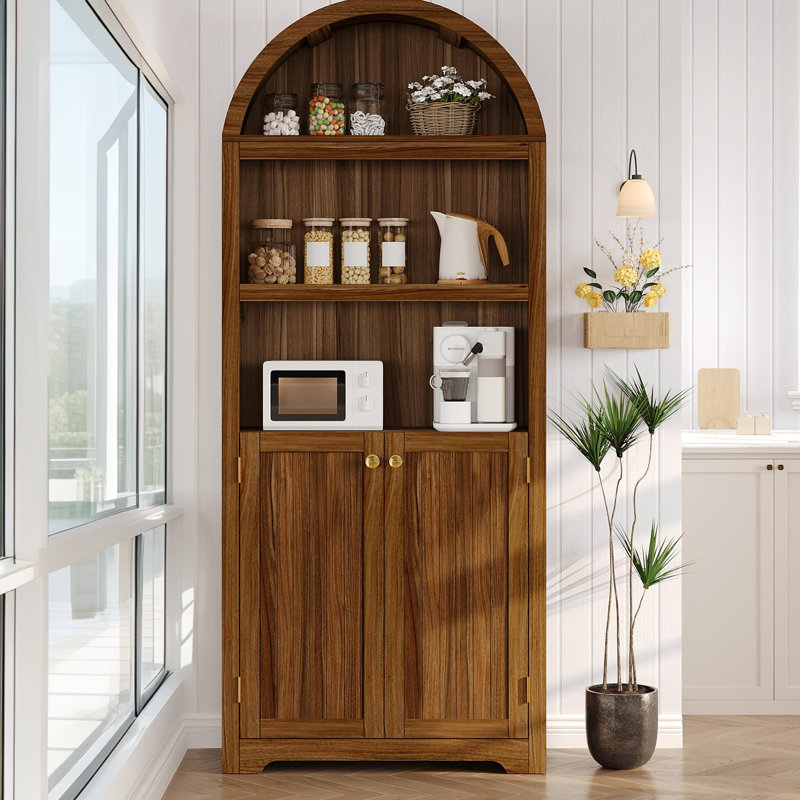 72" Tall Wood Arched Storage Cabinet – 5-Shelf Kitchen Pantry Cabinet with Doors & Open Shelves, Versatile Standing Bookcase & Cupboard