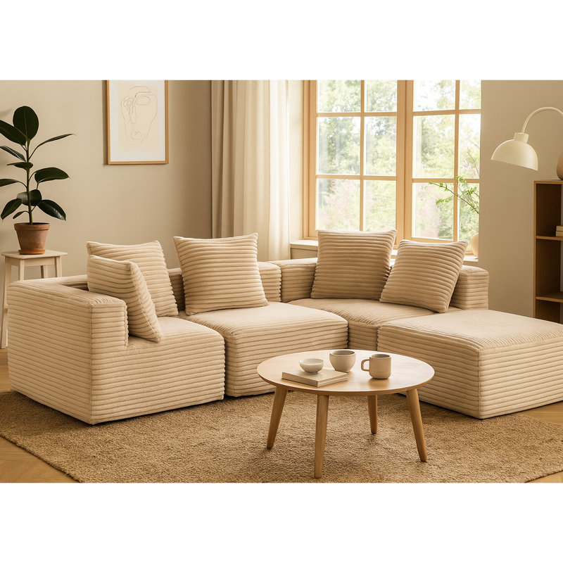 Cube en velours côtelé beige, 4 sièges et 4 coussins adaptables, configuration personnalisable, Beige