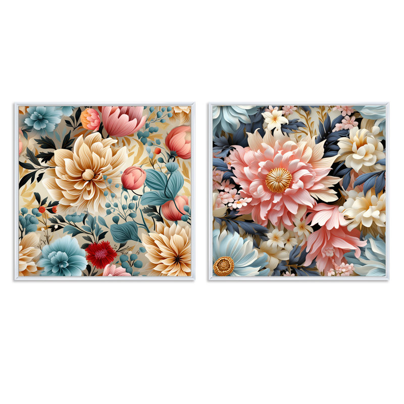 Beauté de jardin douce et douce - ensemble de 2 collages floraux carrés, H 16 po x l 33 po, Cadre flottant blanc