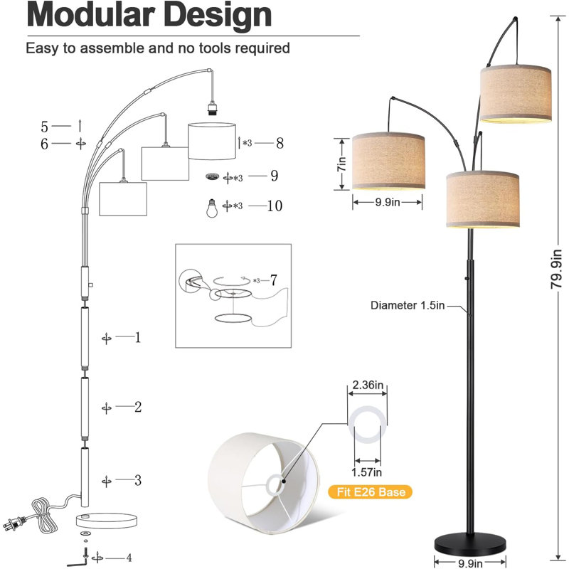 Lampe sur pied à arc, lampe sur pied moderne à intensité variable, 3 ampoules DEL incluses, Beige, Noir, noir, noir, noir