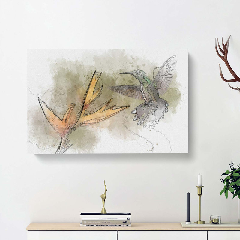 Hummingbird by a Flower in Abstract - Wrapped Canvas Drawing - Wrapped Canvas, 60cm H x 91cm W x 3cm D