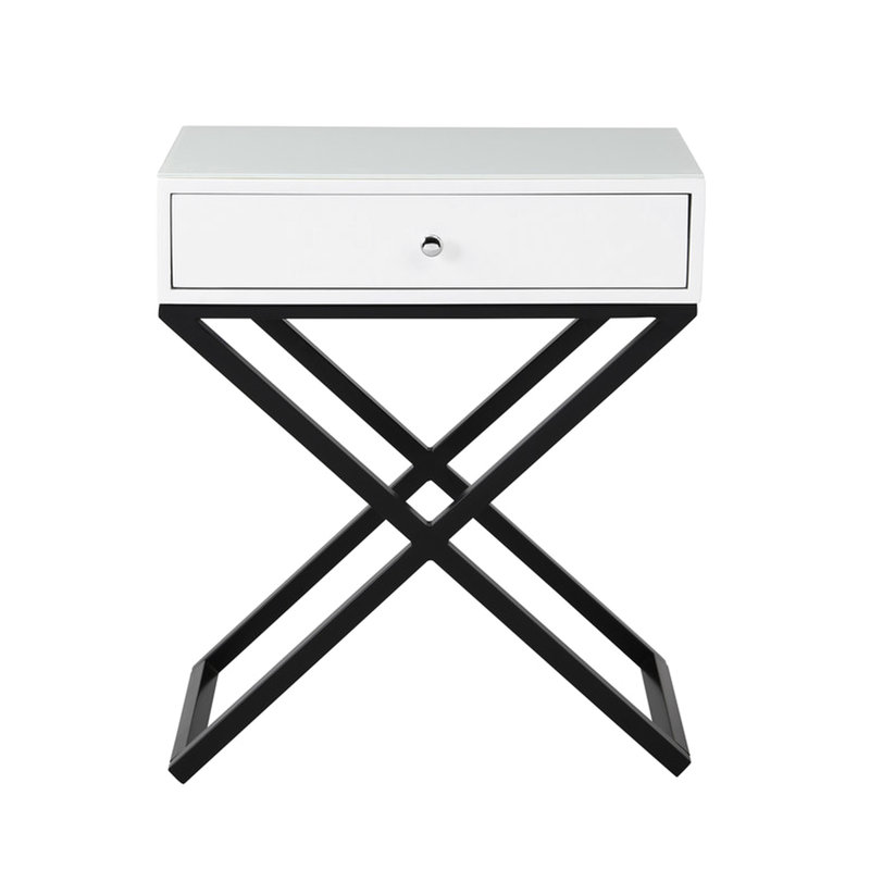 Table de chevet blanche en bois avec plateau et tiroir en verre, table d'appoint en verre 23 po
