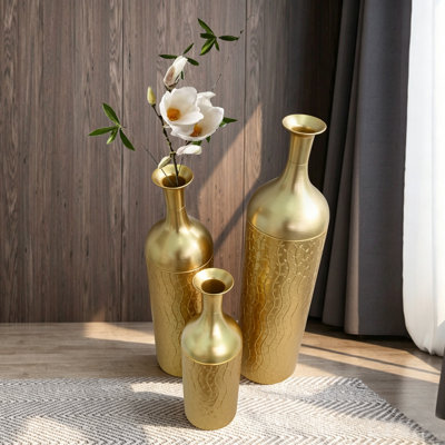 Glam Metallic and Mirrored 3-Piece Decorative Metal Floor Vases, Tall Vases for Living Room, Entryway & Home Decor