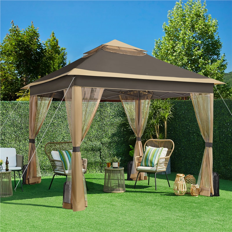 11×11 FT Pop-Up Gazebo Tent with 4 Mesh Sidewalls, Brown