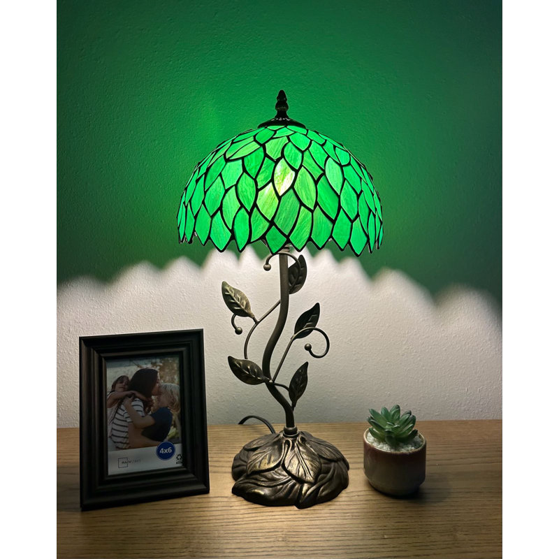 Dejean Green Stained Glass Table Lamp with Bronze Metal Base