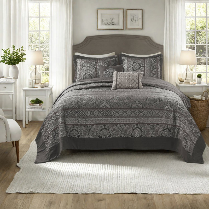 Ensemble de literie de luxe 5 pièces, jacquard réversible, grand lit, décor gris moderne