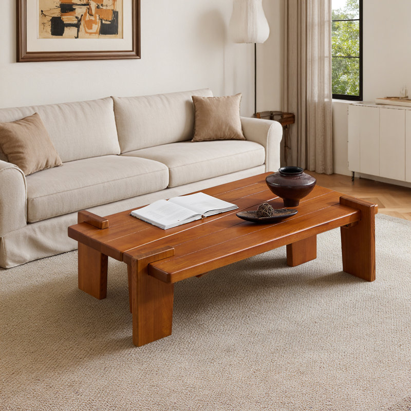 Solid Ash Wood Coffee Table, Minimalist Medieval Style, Natural Wood Grain, Orange