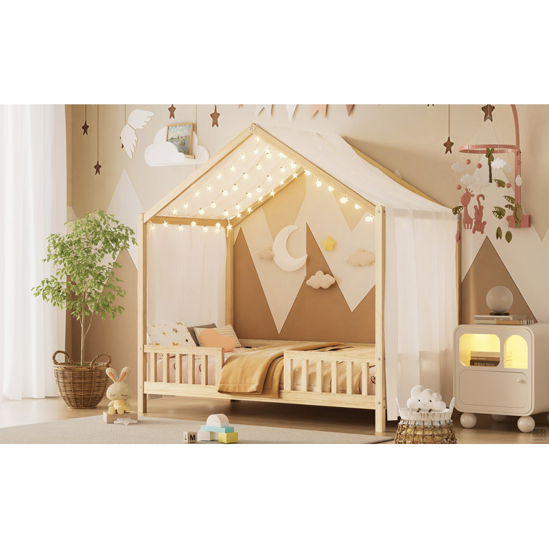 Lit sur pied avec auvent, cadre de lit simple, cadre de lit pour tout-petit en forme de maison, lit simple pour enfant, Brun