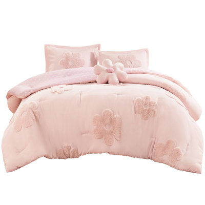 Édredon réversible à motif floral en chenille rose avec motif floral 4 pièces