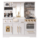 Large Preschool Kitchen Playset, Large Wooden Play Kitchen with Oven, Refrigerator, Coffee Machine and Microwave , Realistic Toddler Kitchen Set