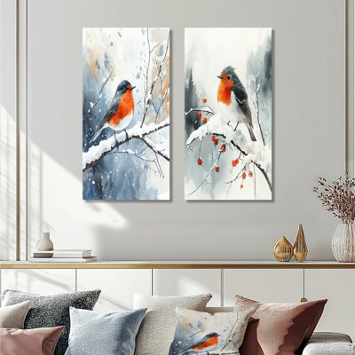 Robin des bois en hiver neige I - animaux, art sur toile 2 panneaux