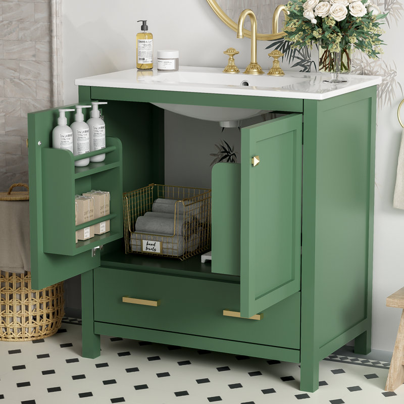 Meuble-lavabo de 30 pouces avec portes à fermeture douce et rangement multifonctionnel, Vert/doré
