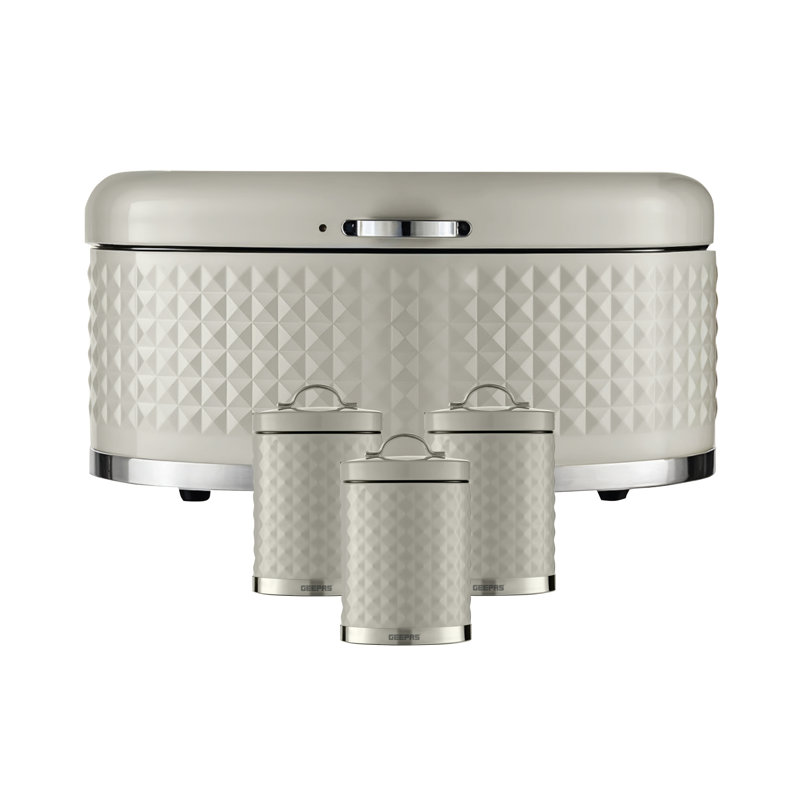 GEEPAS Argyle Tea Coffee Sugar Canister & Bread Bin Set | 13L Bread Box 1.4L Airtight Canister Set | Carbon Steel Build Kitchen Counter Storage Space Saver | 2 Year Warranty