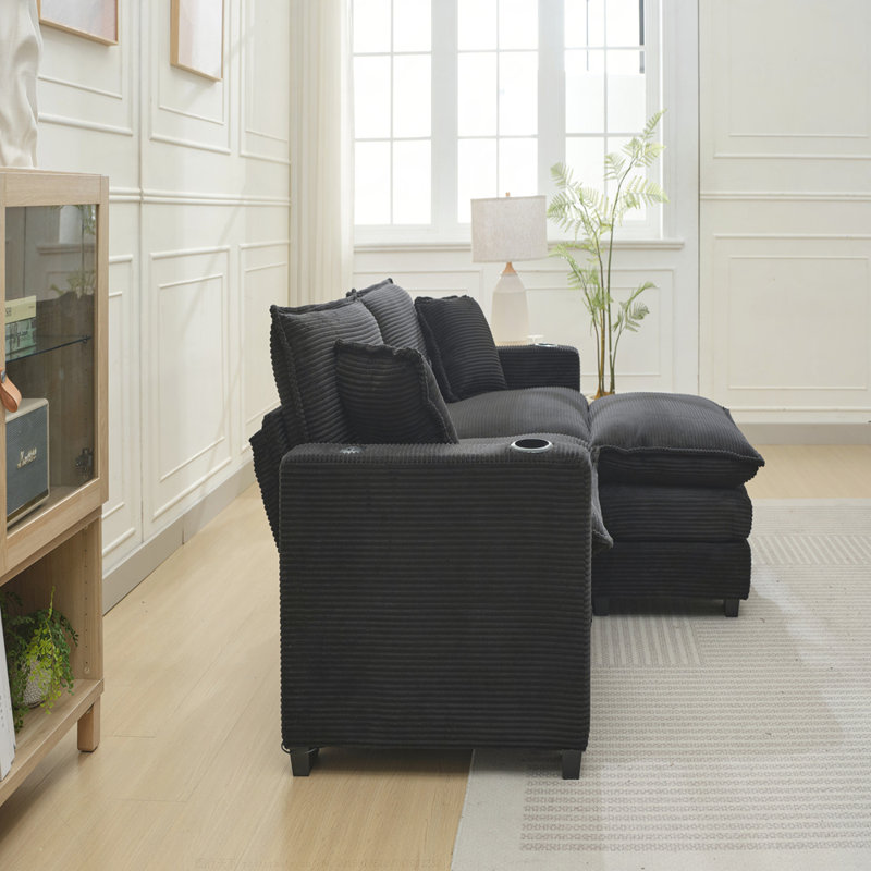 Canapé en forme de L avec port USB et porte-gobelet, canapé à 2 places en velours côtelé avec 1 repose-pieds, Noir