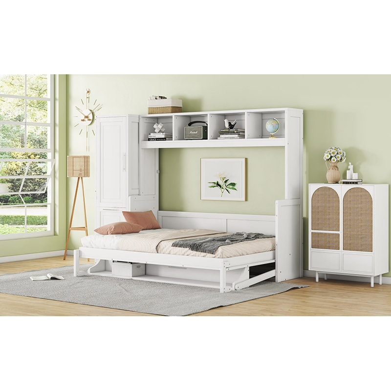 Lit escamotable Murphy avec placard et tiroirs, Blanc, Double