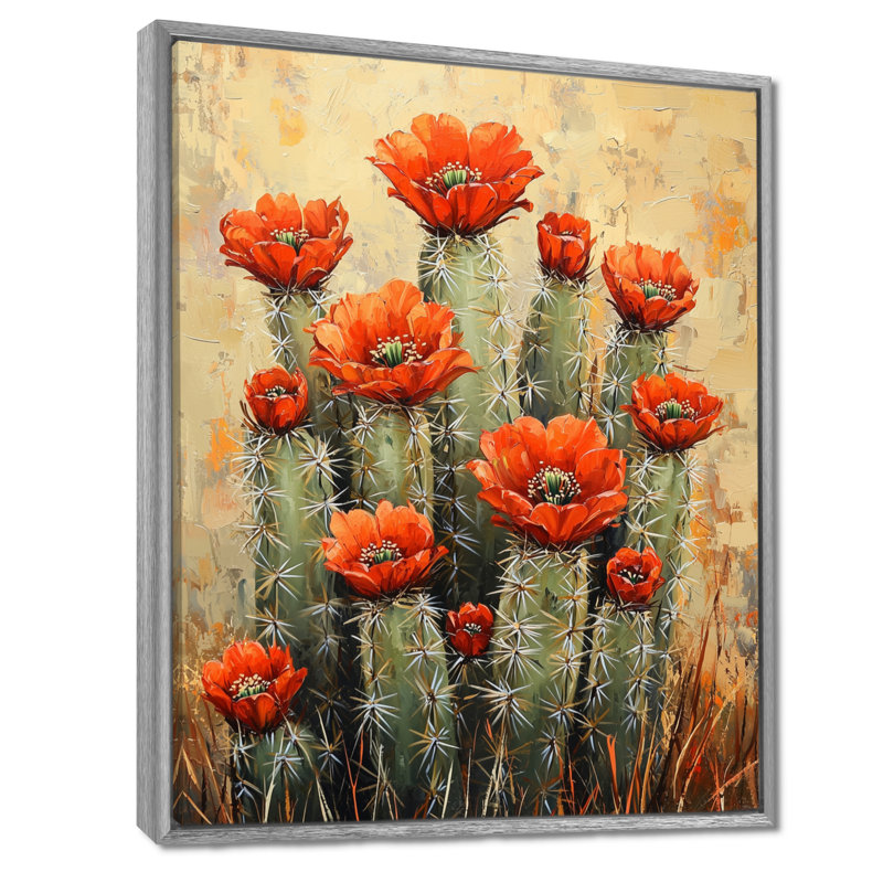 Martesha cactus en pleine floraison - art mural grand cactus, H 20 po x l 12 po, Reproduction avec cadre flottant