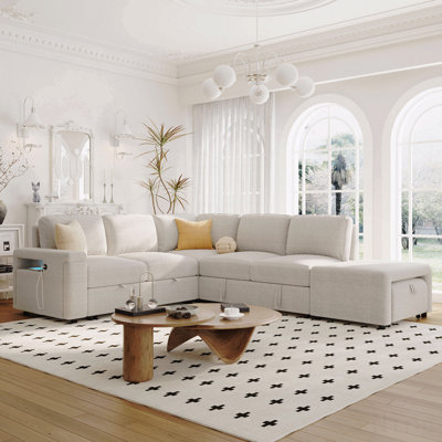 L-Shaped Padded Modular Sofa With Storage Space, Usb Ports, And Cup Holders On The Armrests