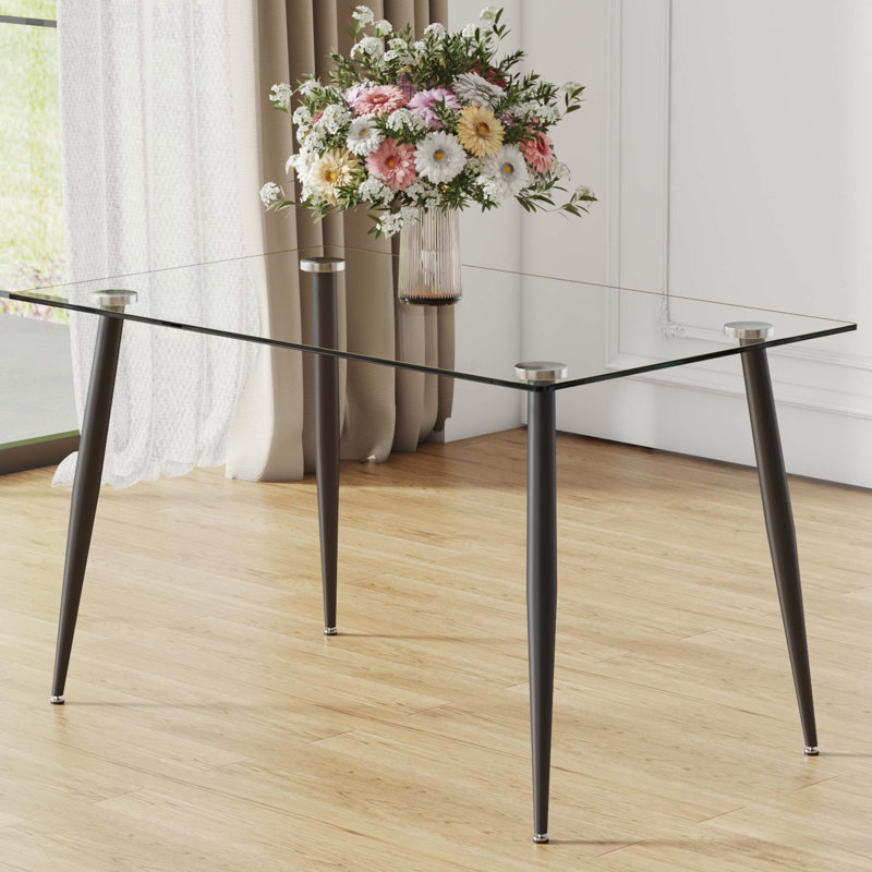 Table de salle à manger moderne en verre rectangulaire, pouvant accueillir 4 à 6 personnes, équipée d'un plateau en verre trempé
