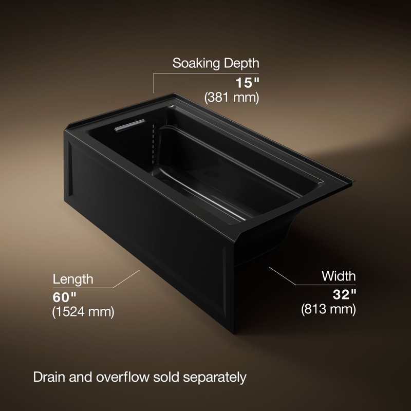 Archer 60" x 32" Alcove/Tile Soaking Bathtub, Black, Left
