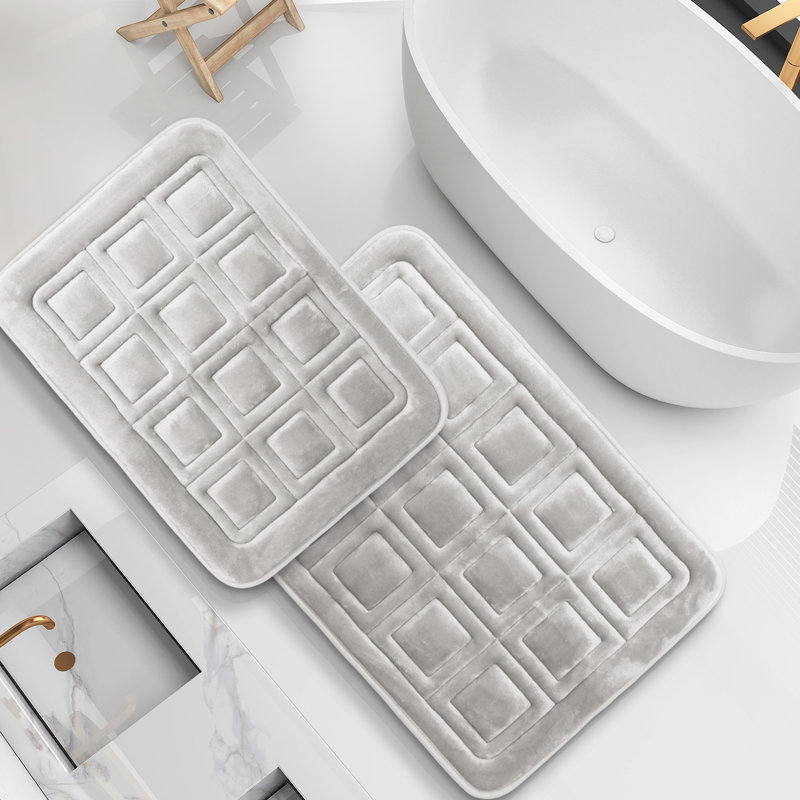 Ensemble de 2 tapis de bain gaufrés en mousse viscoélastique absorbante ultra douce, Argent