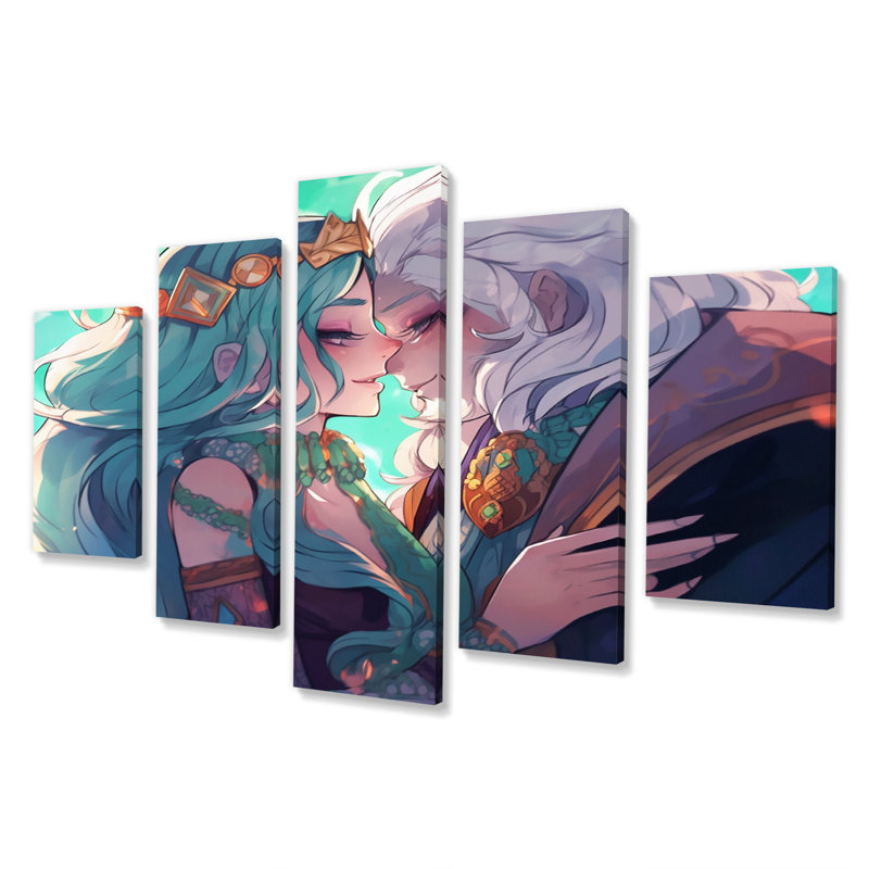 Couple d'anime s'embrassant tendrement pastel I - Couple, art mural sur toile - 5 panneaux