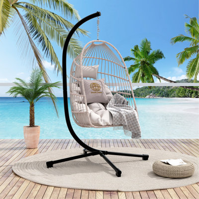 Fauteuil à œufs suspendu pliable avec support et coussin, structure en aluminium-acier robuste en rotin et extérieur